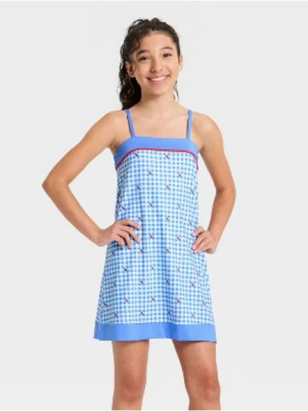 NWT All In Motion Girls' Printed Athletic Dress Blue Gingham Cherry Print S 6/7